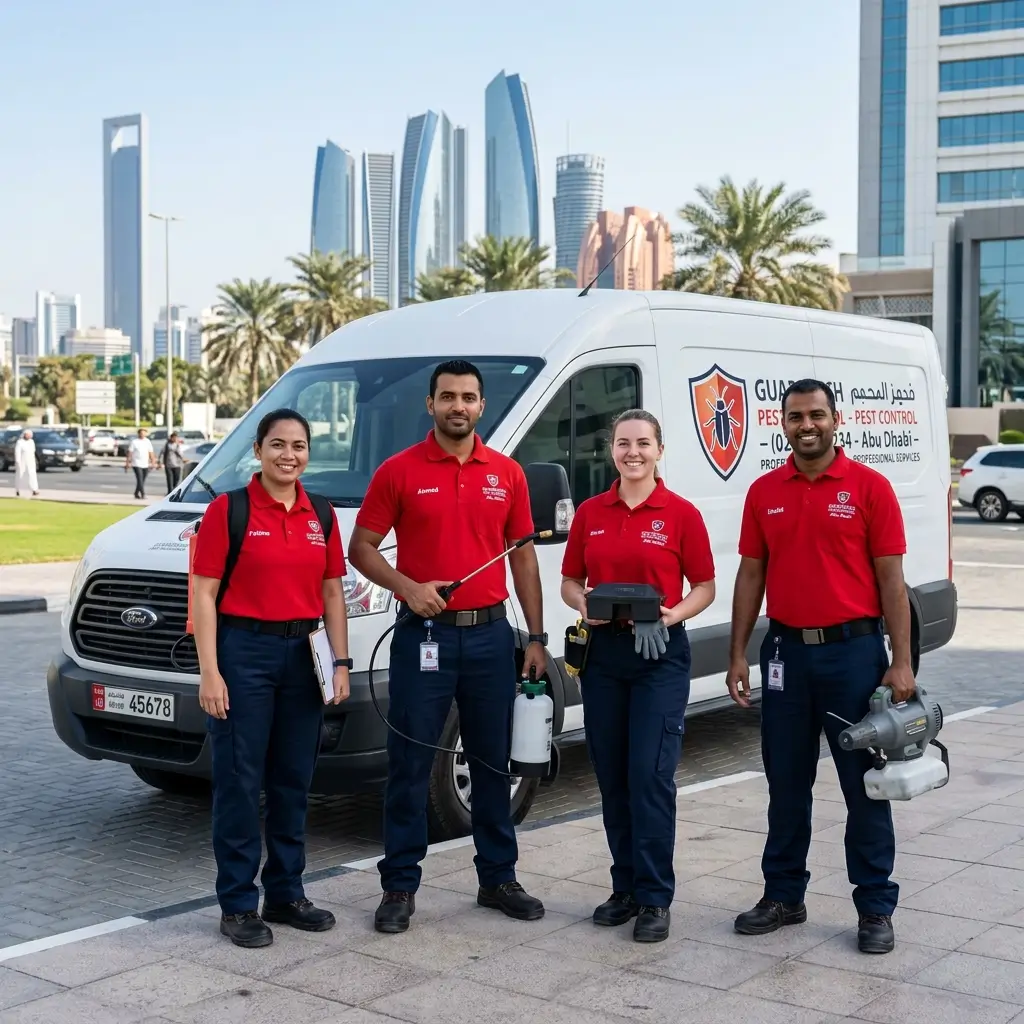American Bite Pest Control team standing beside the company van ready for annual contract visits in Abu Dhabi