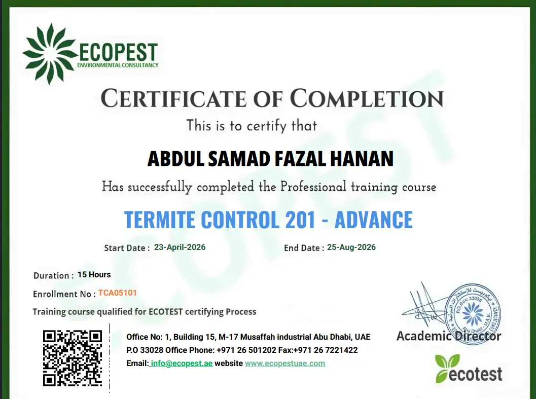 Abdul Samad pest control training certificate, American Bite Pest Control