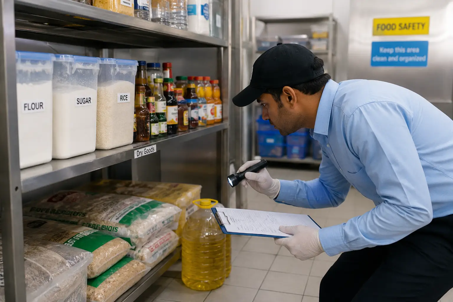 Food storage area in a school kitchen during a pest inspection