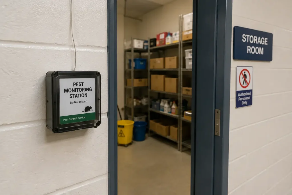 Pest monitoring station placed near a storage room