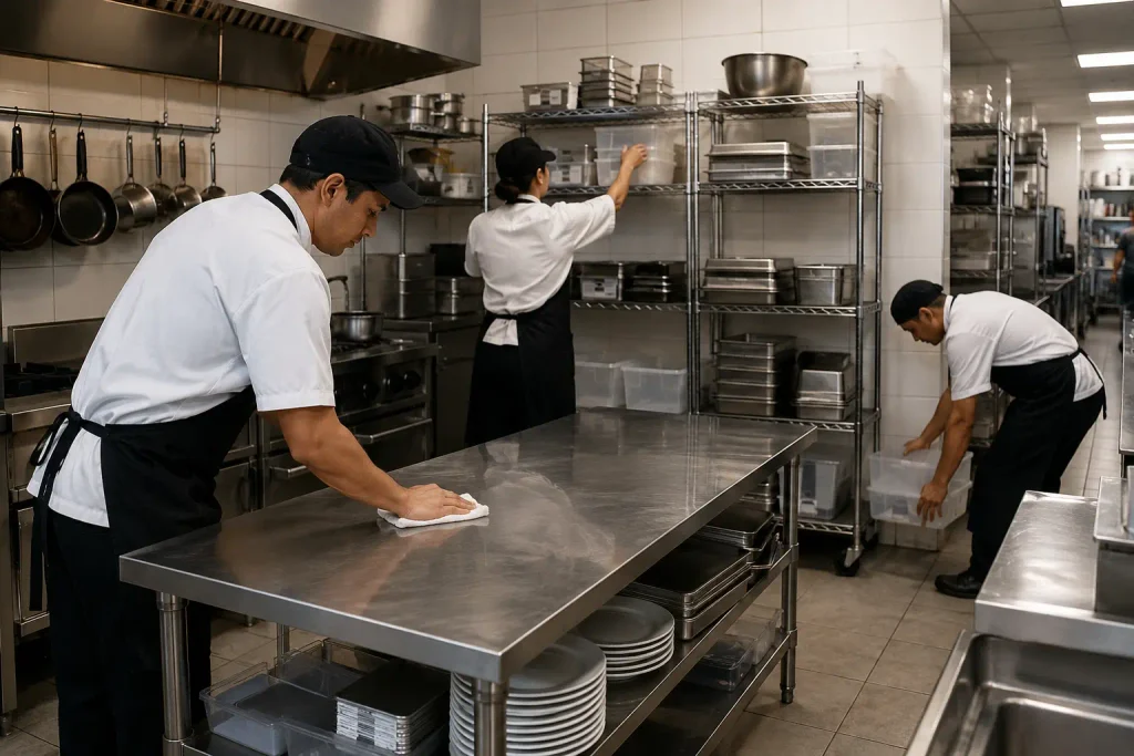 Restaurant kitchen staff clearing counters before pest control