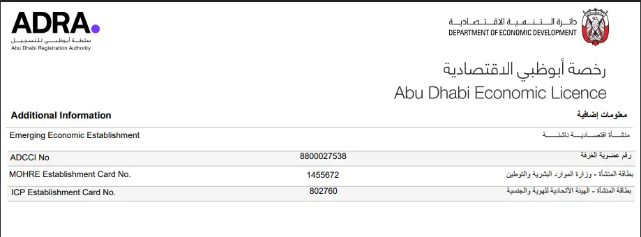 scanned image of the Abu Dhabi Economic Licence