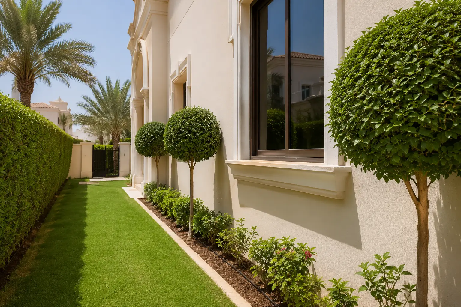 Trimmed garden vegetation kept clear of villa exterior wall to reduce lizard shelter, Abu Dhabi