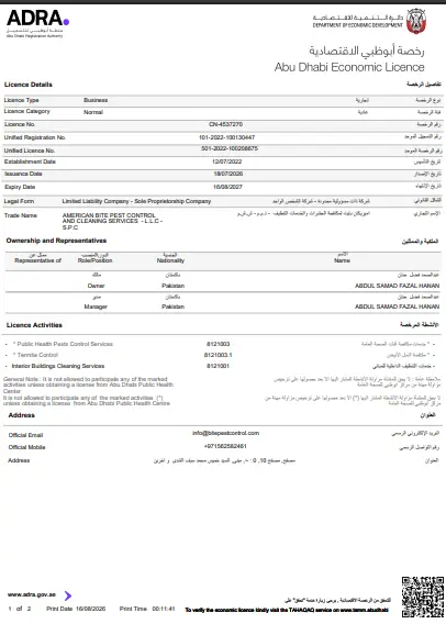 Abu Dhabi Economic Licence CN-4537270 American Bite Pest Control