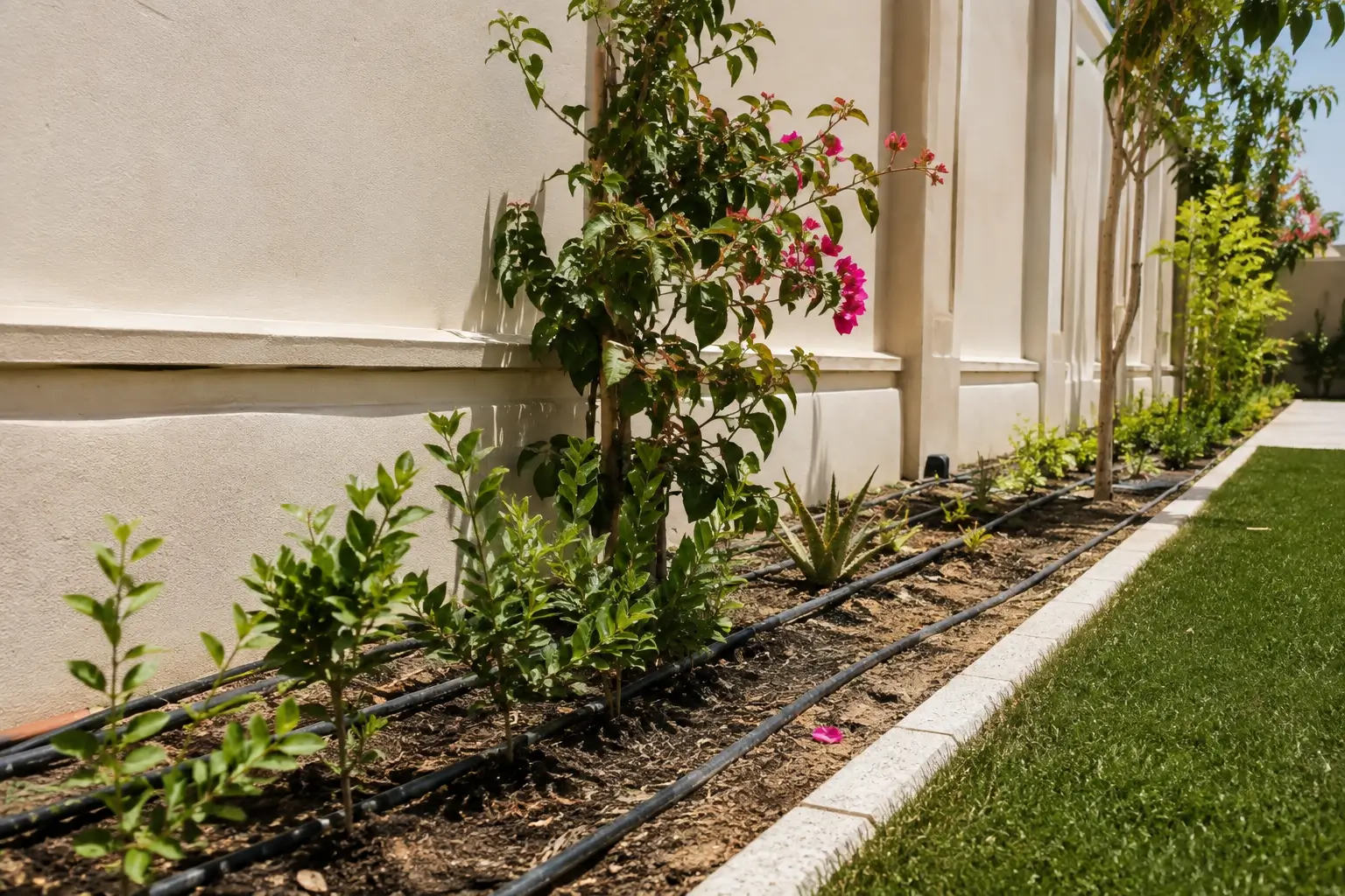 irrigated garden bed near a boundary wall