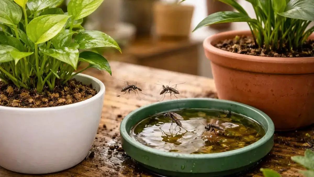 Plant → saucer → standing water → mosquito larvae