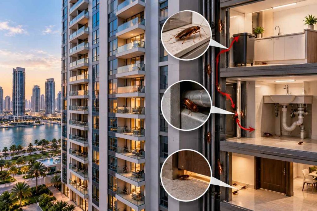 Cockroaches moving through shared spaces in a Reem Island apartment building