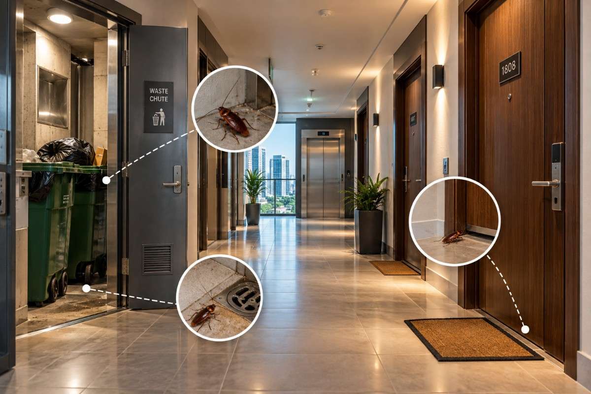 Apartment building corridor in Al Reem Island where pests can spread between flats