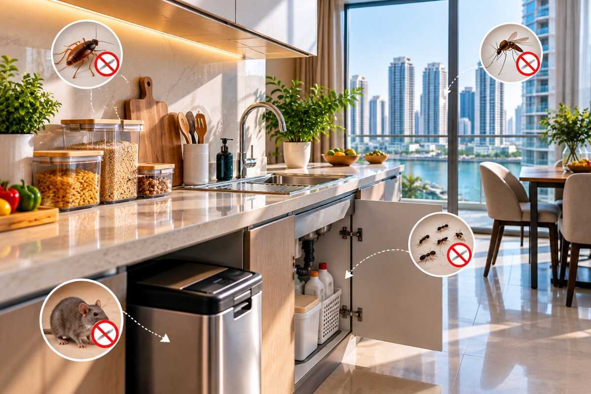 Clean Al Reem Island apartment kitchen with pest prevention measures