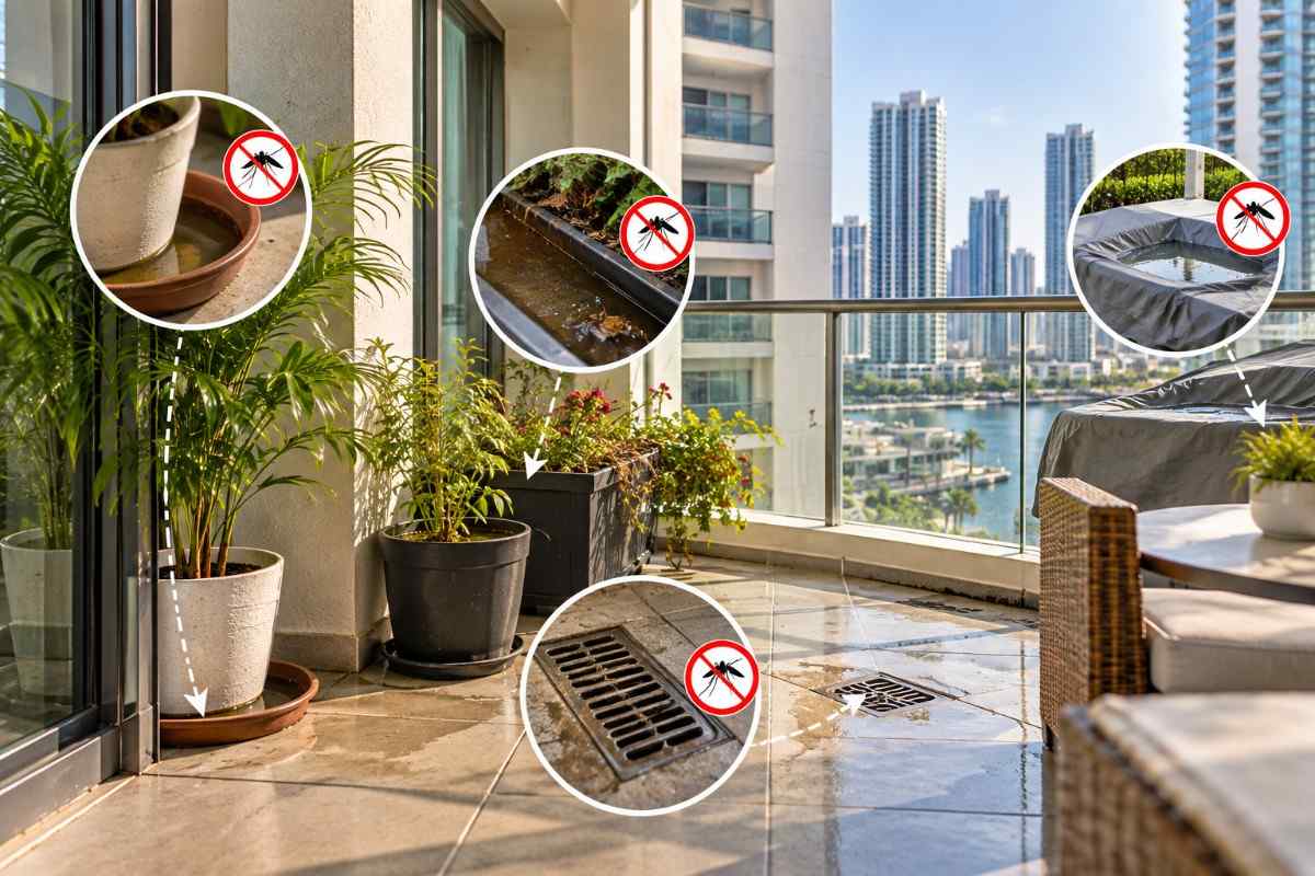 Balcony of an Al Reem Island waterfront apartment kept free of mosquitoes and midges