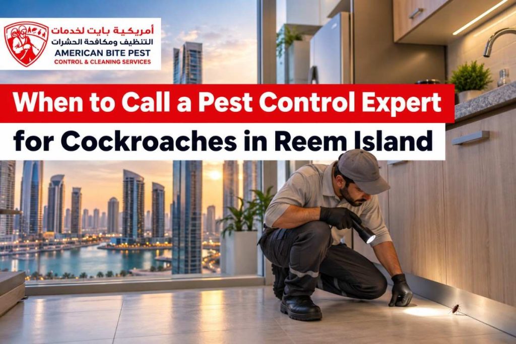 Pest control technician inspecting a kitchen for cockroaches in a Reem Island apartment