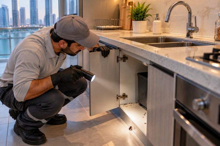 Signs of cockroach activity near a kitchen cabinet in a Reem Island apartment