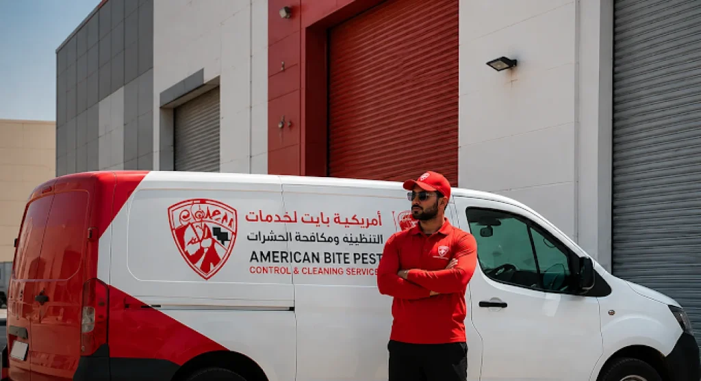 American Bite Pest Control technician standing next to the company van for an annual pest control visit in Abu Dhabi