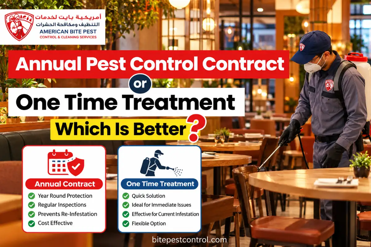 Annual pest control contract or one time treatment comparison with an American Bite technician treating a restaurant in Abu Dhabi