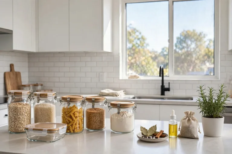Food kept in sealed boxes on a clean shelf to stop pests between visits