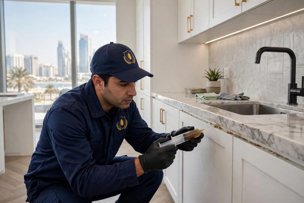 Pest control technician applying cockroach control treatment in an Al Reem Island apartment kitchen, Abu Dhabi