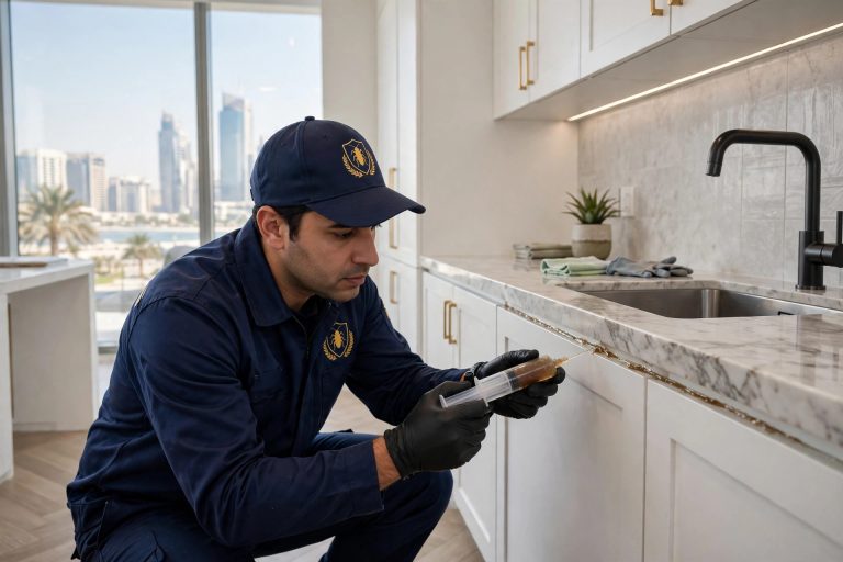 Pest control technician applying cockroach control treatment in an Al Reem Island apartment kitchen, Abu Dhabi