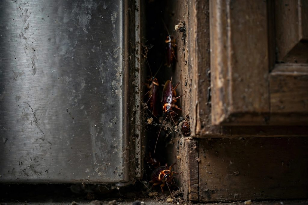 Common cockroach hiding places behind a refrigerator and kitchen cabinets in an apartment