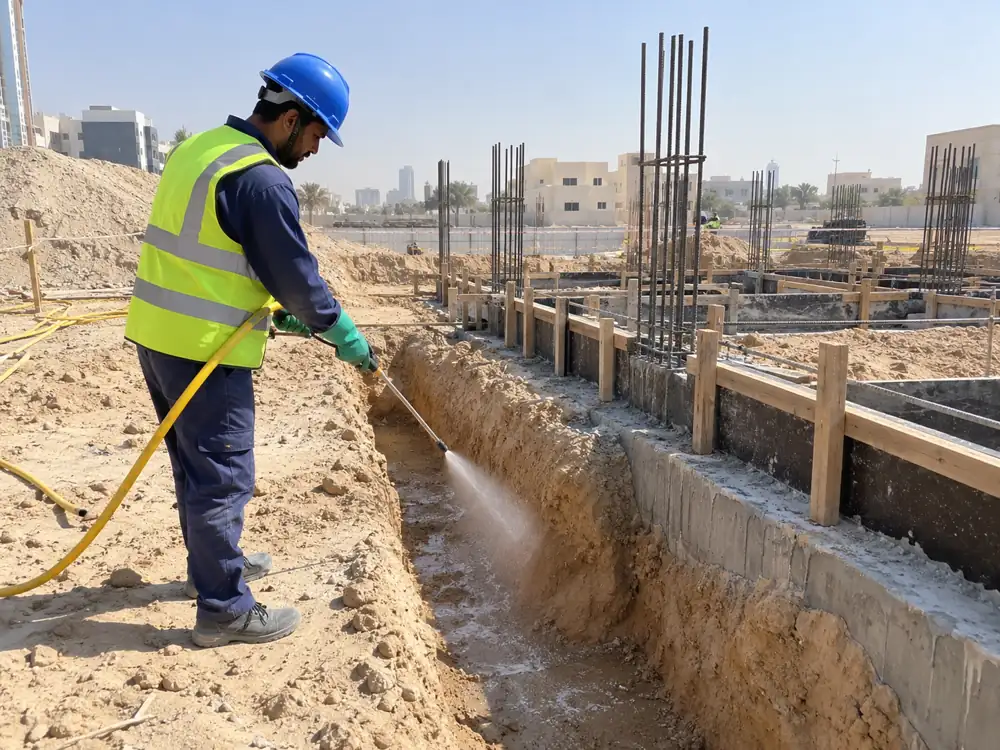 Technician spraying termiticide into the bottom and sides of a foundation trench before blinding concrete on a villa construction site
