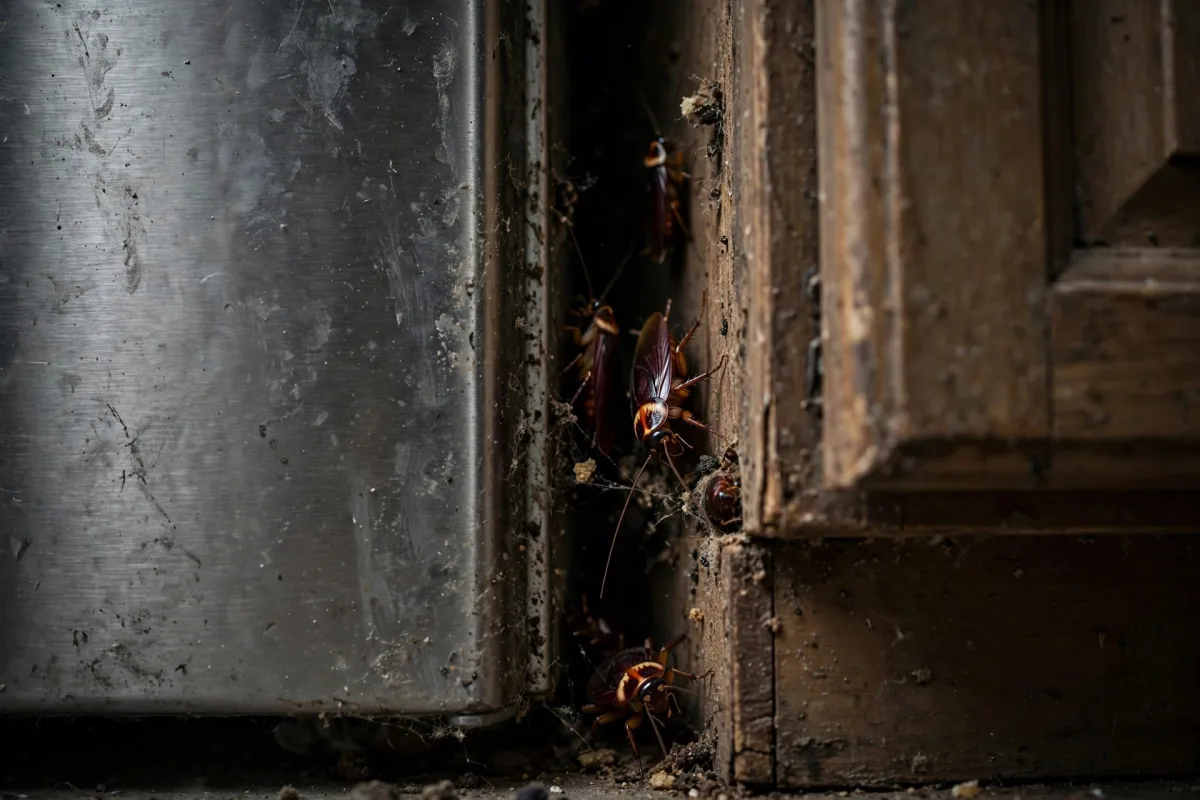 German cockroach hiding places behind a fridge and inside cabinet joints in a clinic staff pantry