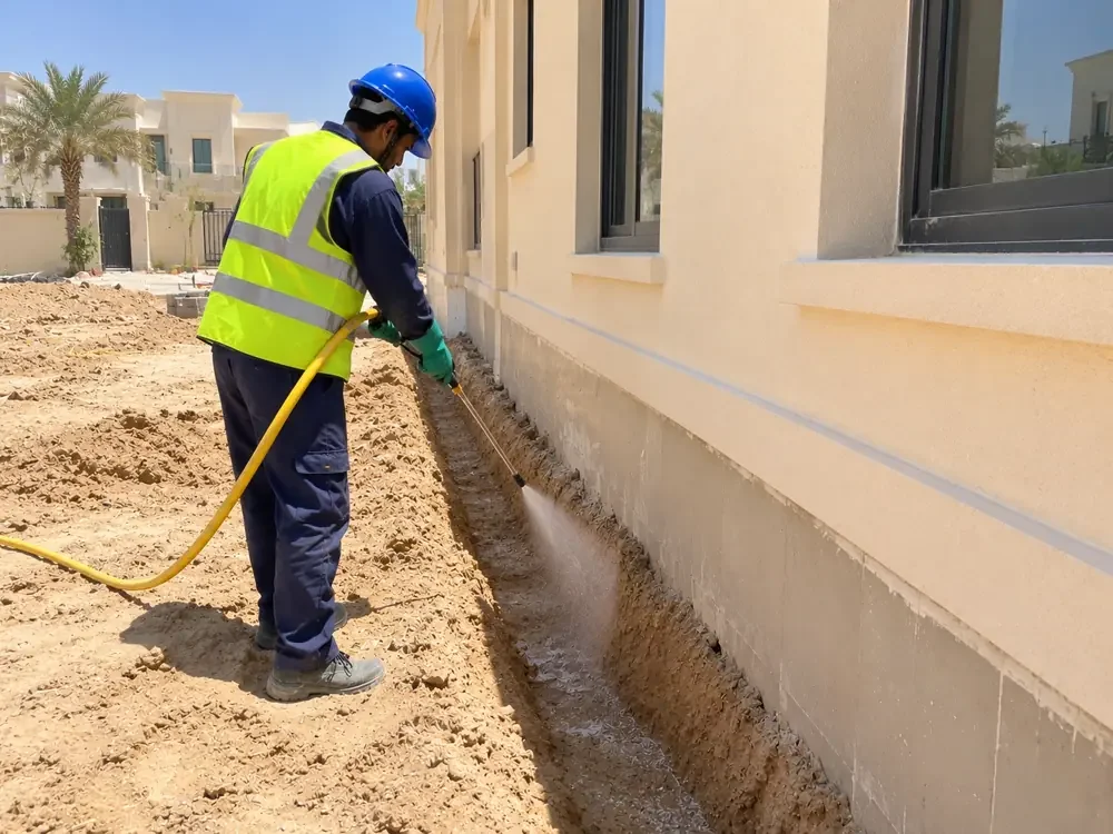 Perimeter soil trench along the outside wall of a new villa being treated for termites after final grading in Abu Dhabi
