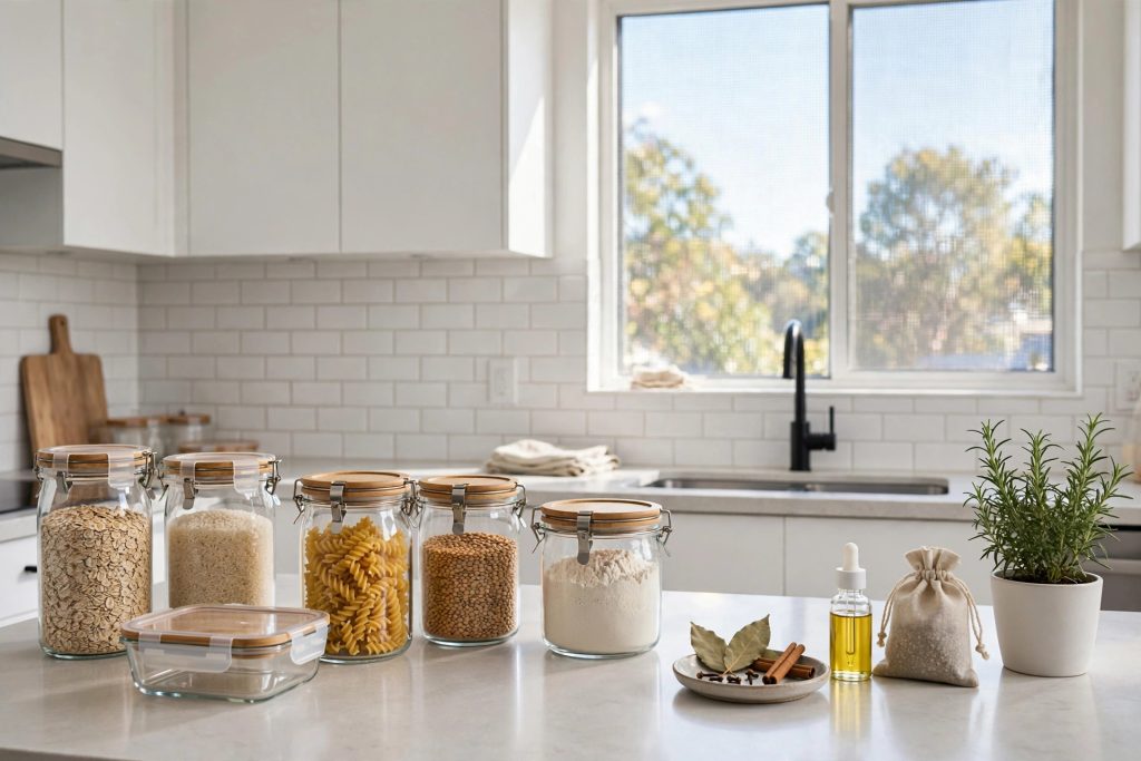 Clean modern kitchen with sealed food containers to prevent cockroaches