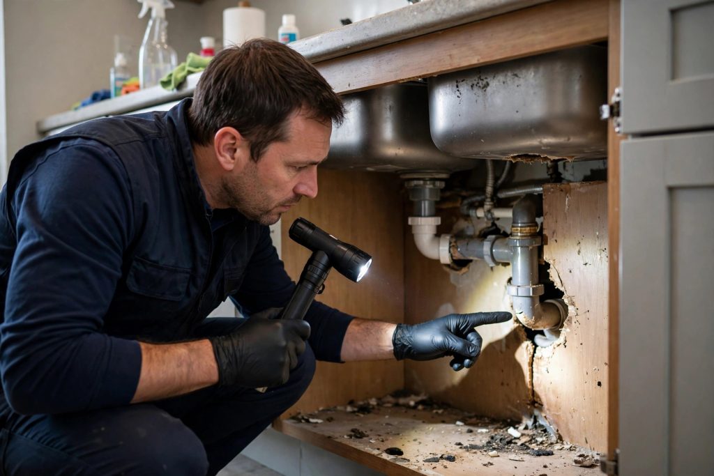 Professional cockroach inspection under a kitchen sink checking pipes for entry points