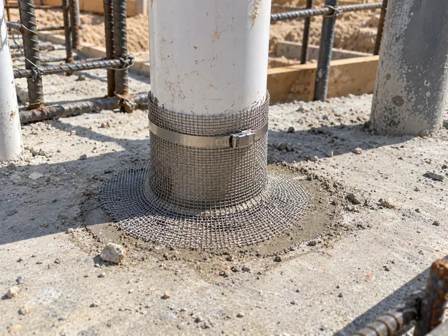 Stainless steel termite barrier mesh clamped around a pipe where it passes through the concrete slab