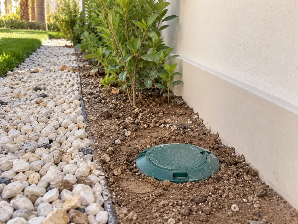 In-ground termite bait station installed in the soil beside the outside wall of a villa garden