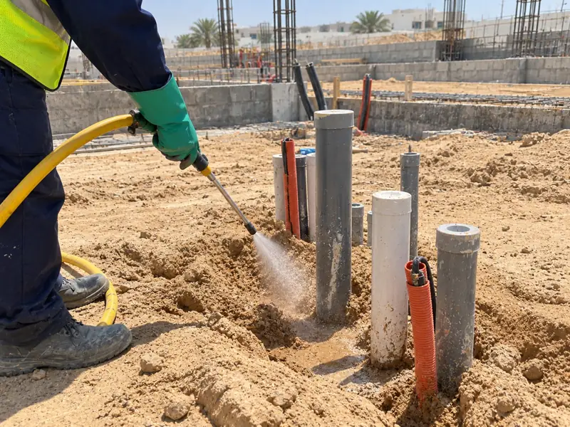 Termiticide being sprayed into the soil around plumbing pipes and cable conduits before the floor slab is poured