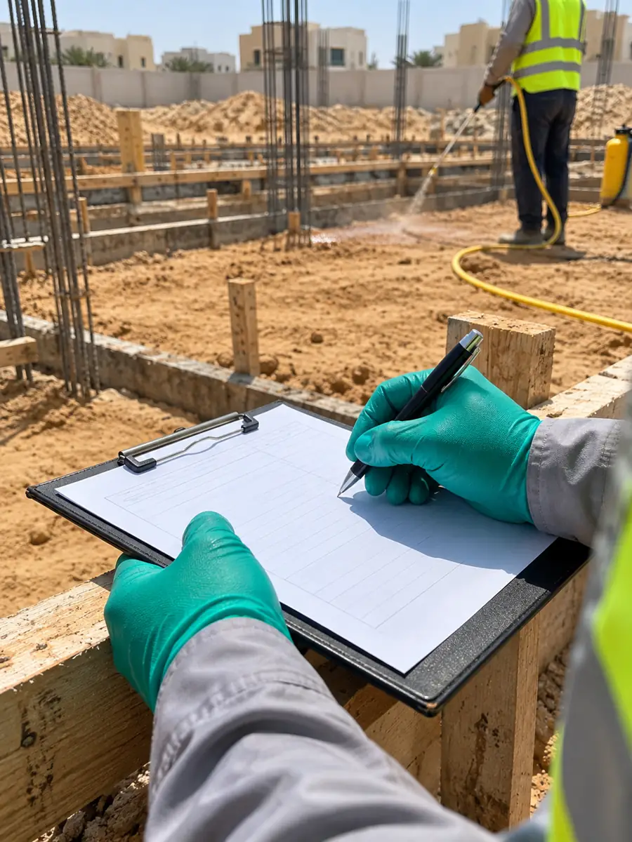 Technician filling in a termite treatment stage report on a clipboard while soil is treated on a villa construction site